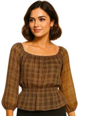 Knox Rose Size Large Shimmering Brown Black Gold Plaid Blouse Sheer Lined Peplum